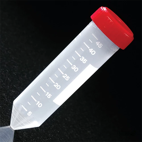 Centrifuge Tube, 50mL, with Attached Red Screw Cap, PP, Printed Graduations, 25/Bag, 20 Bags/Unit