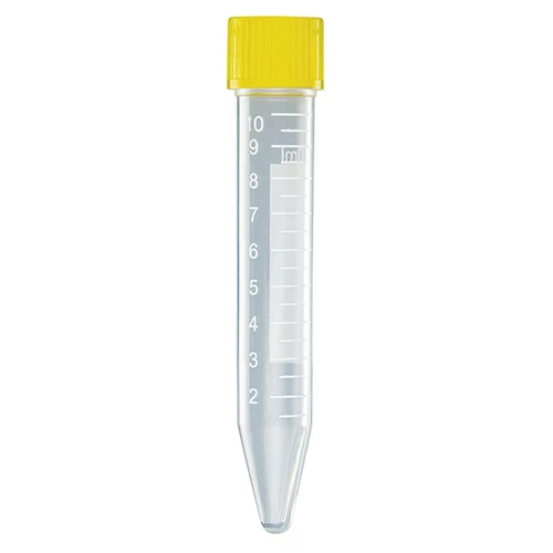 Centrifuge Tube, 10mL, with Attached Yellow PP Screw Cap, PP, Printed Graduations, STERILE, 100/Bag, 10 Bags/Unit