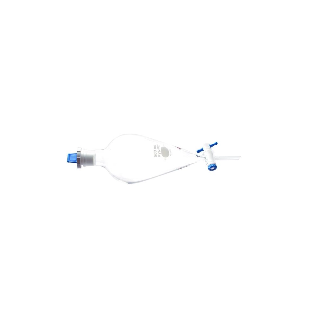 PYREX 500mL Pear-Shaped Squibb Separatory Funnel, PTFE Product Standard Stopcock, Polyethylene Standard Taper Stopper