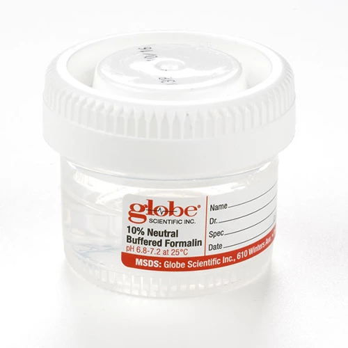 Pre-Filled Container with Click Close Lid: Tite-Rite, 40mL (1.34oz), PP, Filled with 20mL of 10% Neutral Buffered Formalin, Attached Hazard Label, 24/Box, 4 Boxes/Unit