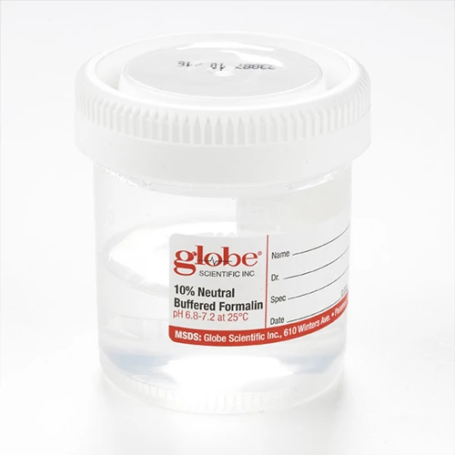 Pre-Filled Container with Click Close Lid: Tite-Rite, 90mL (3oz), Wide Mouth, PP, Filled with 45mL of 10% Neutral Buffered Formalin, Attached Hazard Label, 24/Box, 4 Boxes/Unit