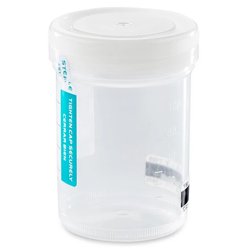 Container: Tite-Rite, 120mL (4oz), PP, STERILE, Attached Natural Screw Cap, ID Label with Tab Seal and Temperature Strip, Graduated