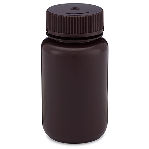 Bottle, Wide Mouth, HDPE Bottle, Attached PP Screw Cap, Amber, 125mL, 12/Pack