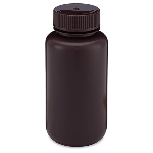 Bottle, Wide Mouth, HDPE Bottle, Attached PP Screw Cap, Amber, 250mL, 12/Pack - cs-72