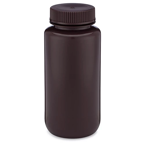 Bottle, Wide Mouth, HDPE Bottle, Attached PP Screw Cap, Amber, 500mL, 12/Pack - CS/48
