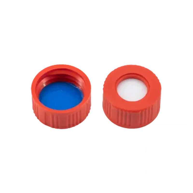 N9 PP screw cap, red, center hole Silicone white/PTFE blue,, 702040 MN