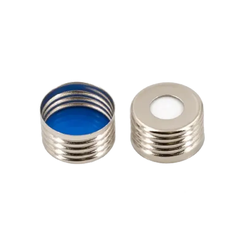 N18 magnetic screw cap, silver, center hole Silicone white/PTFE blue