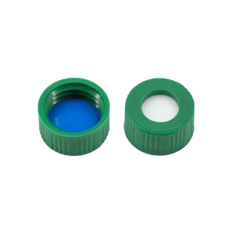 N9 PP screw cap, green, center hole Silicone white/PTFE blue