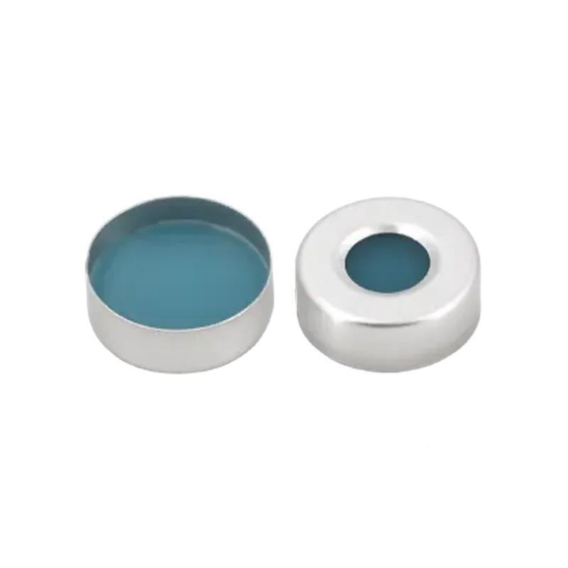 N20 Aluminium crimp cap, silver, center hole Silicone blue transparent/PTFE colorless