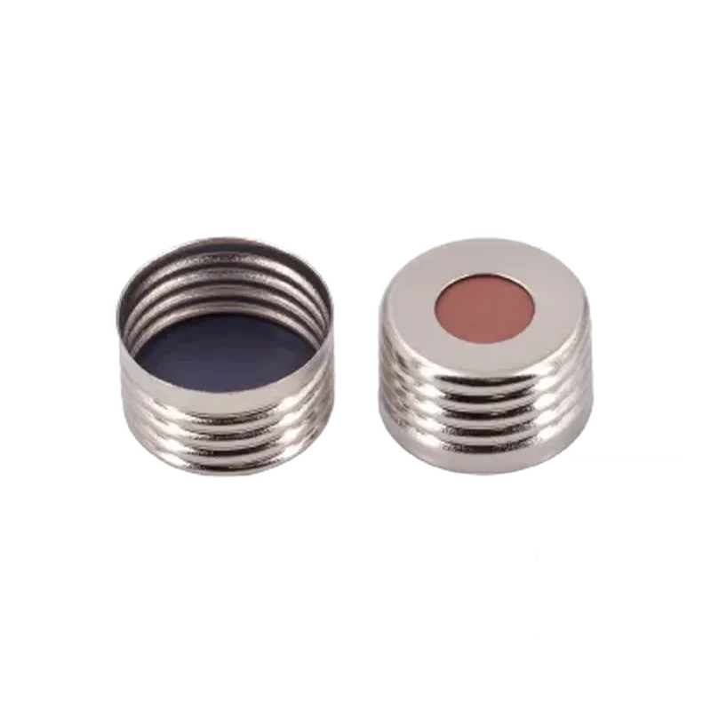 N18 magnetic screw cap, silver, center hole Butyl red/PTFE grey