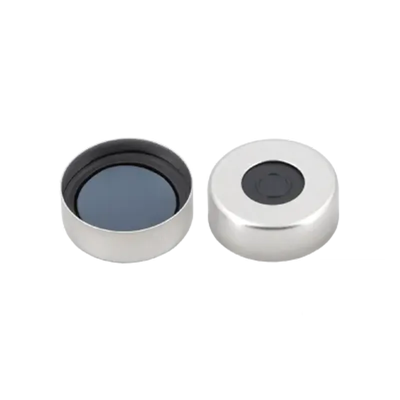 N20 Aluminium crimp cap, silver, center hole Butyl dark gray/centrical PTFE-lamination gray