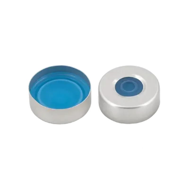 N20 Aluminium crimp cap, silver, center hole Silicone blue transparent/centrical PTFE-lamination
