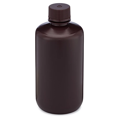 Bottle, Narrow Mouth, HDPE Bottle, Attached PP Screw Cap, Amber, 250mL, 12/Pack