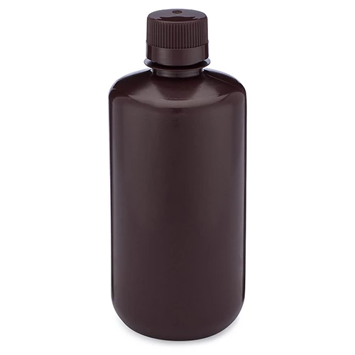 Bottle, Narrow Mouth, HDPE Bottle, Attached PP Screw Cap, Amber, 1000mL, 6/Pack