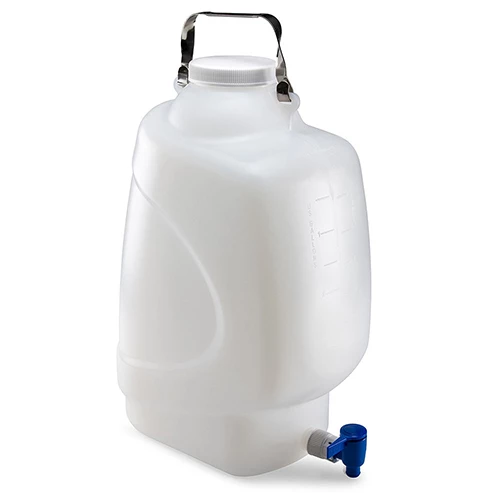 Carboy, Rectangular with Spigot and Handle, PP, White PP Screwcap, 20 Liter, Molded Graduations, Autoclavable - CS/4