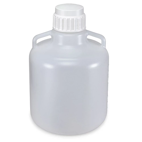 Carboy, Round with Handles, HDPE, White PP Screwcap, 10 Liter, Molded Graduations