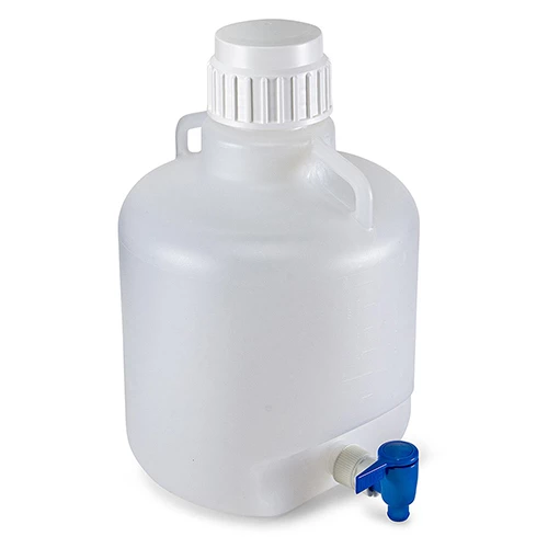 Carboy, Round with Spigot and Handles, HDPE, White PP Screwcap, 10 Liter, Molded Graduations - CS/6