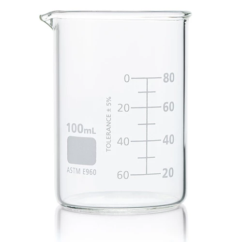 Beaker, Globe Glass, 100mL, Low Form Griffin Style, Dual Graduations, ASTM E960, 12/Box - CS/48