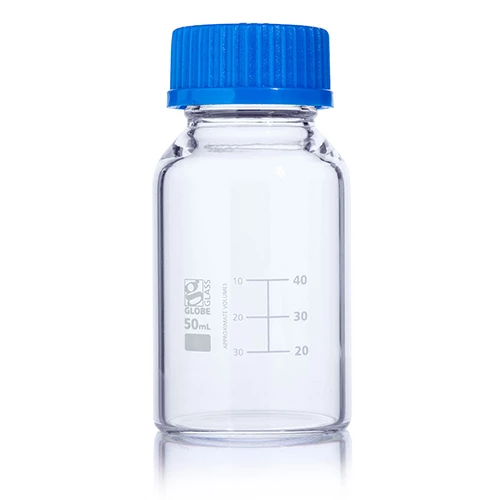 Bottle, Media, Globe Glass, 50mL, GL32 Screw Cap, Dual Graduations, 10/Box - CS/40