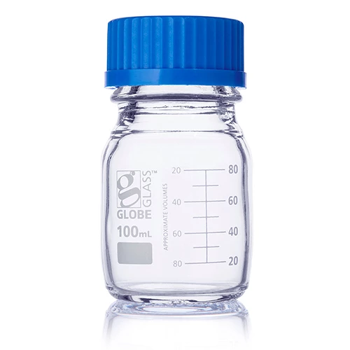 Bottle, Media, Globe Glass, 100mL, GL45 Screw Cap, Dual Graduations, 10/Box - CS/20
