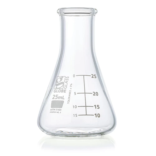 Flask, Erlenmeyer, Globe Glass, 25mL, Narrow Mouth, Dual Graduations, ASTM E1404, 12/Box - CS/48