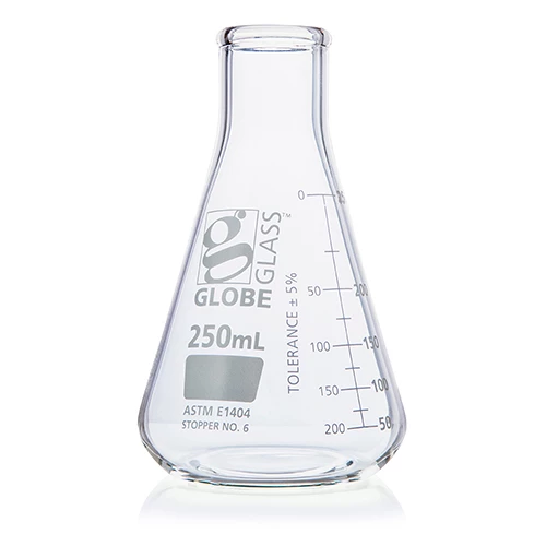 Flask, Erlenmeyer, Globe Glass, 250mL, Narrow Mouth, Dual Graduations, ASTM E1404, 12/Box - CS/48