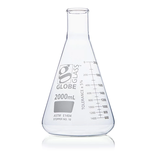 Flask, Erlenmeyer, Globe Glass, 2000mL, Narrow Mouth, Dual Graduations, ASTM E1404, 4/Box - CS/8