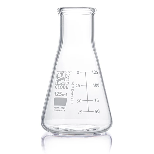 Flask, Erlenmeyer, Globe Glass, 125mL, Wide Mouth, Dual Graduations, ASTM E1404, 12/Box - CS/48