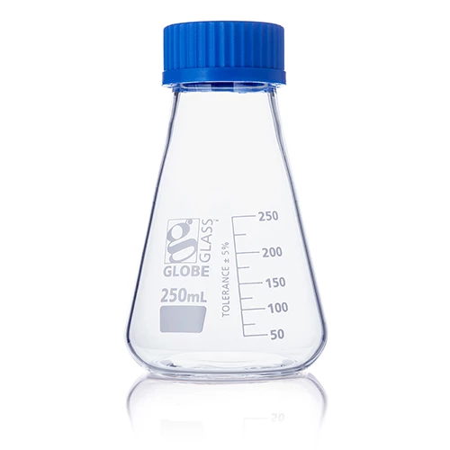 Flask, Erlenmeyer, Globe Glass, 250mL, Screw Cap, Dual Graduations, ASTM E1404, 6/Box - CS/12