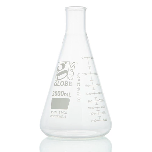 Flask, Erlenmeyer, Globe Glass, 2000mL, Heavy Duty, Narrow Mouth, Dual Graduations, ASTM E1406, 1/Box