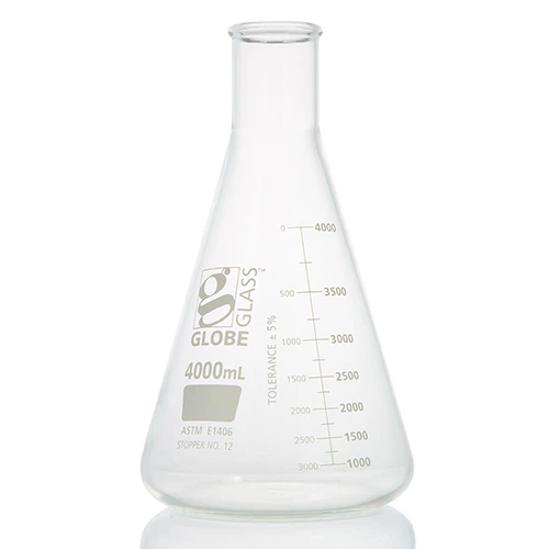 Flask, Erlenmeyer, Globe Glass, 4000mL, Heavy Duty, Narrow Mouth, Dual Graduations, ASTM E1406, 1/Box