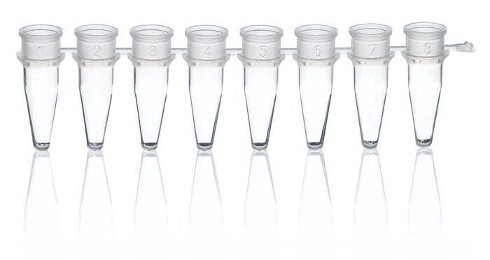 PCR tubes, strip of 8 connected, PP, white, 0.2mL, bag of 125