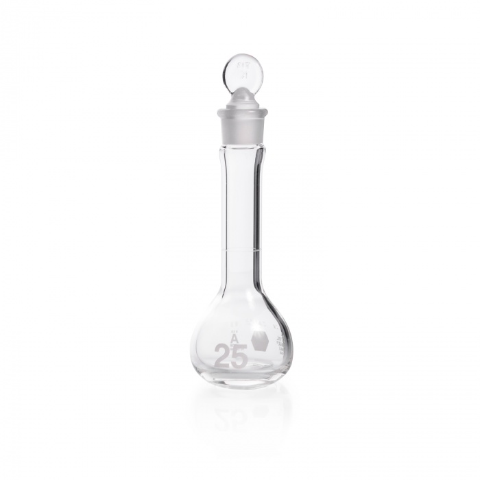 Serialized and Certified Volumetric Flask, Class A, Heavy Duty, Wide-Mouth, with Pennyhead Glass Stopper,25ML