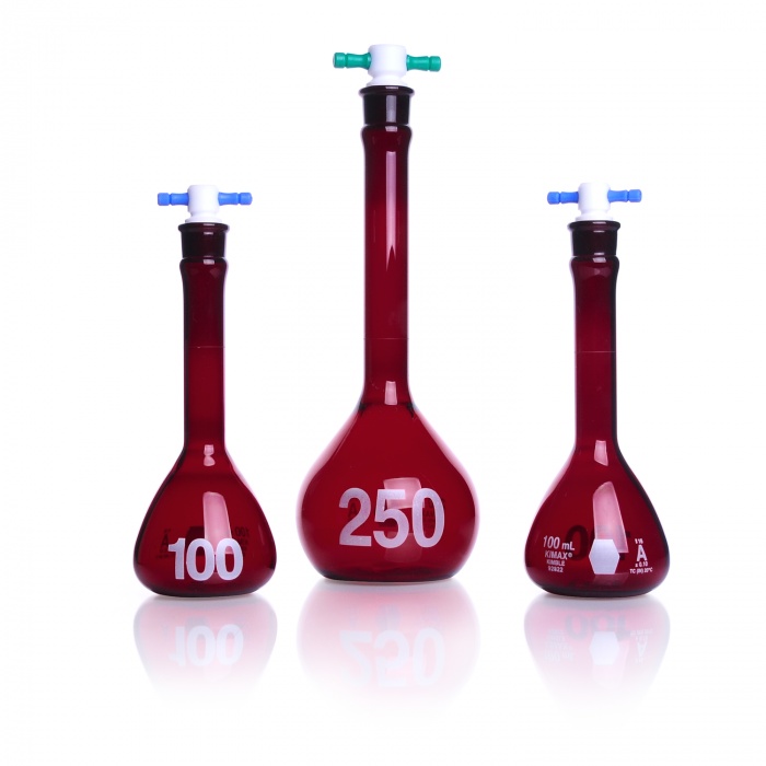 Volumetric Flask, Amber, Class A, Heavy Duty, Wide Mouth, with Color-Coded PTFE Stopper,RAYSORB,,25ML