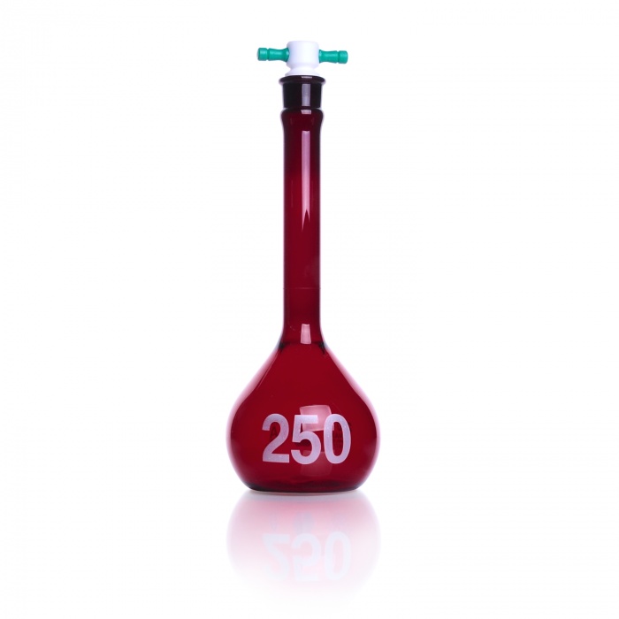 Volumetric Flask, Amber, Class A, Heavy Duty, Wide Mouth, with Color-Coded PTFE Stopper,RAYSORB,,250ML