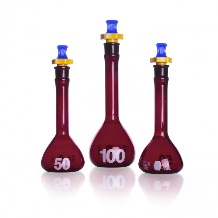 Volumetric Flask, Amber, Class A, Heavy Duty, Wide Mouth, with Polyethylene Stopper,RAYSORB,,200ML