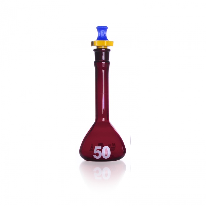 Volumetric Flask, Amber, Class A, Heavy Duty, Wide Mouth, with Polyethylene Stopper,RAYSORB,,50ML