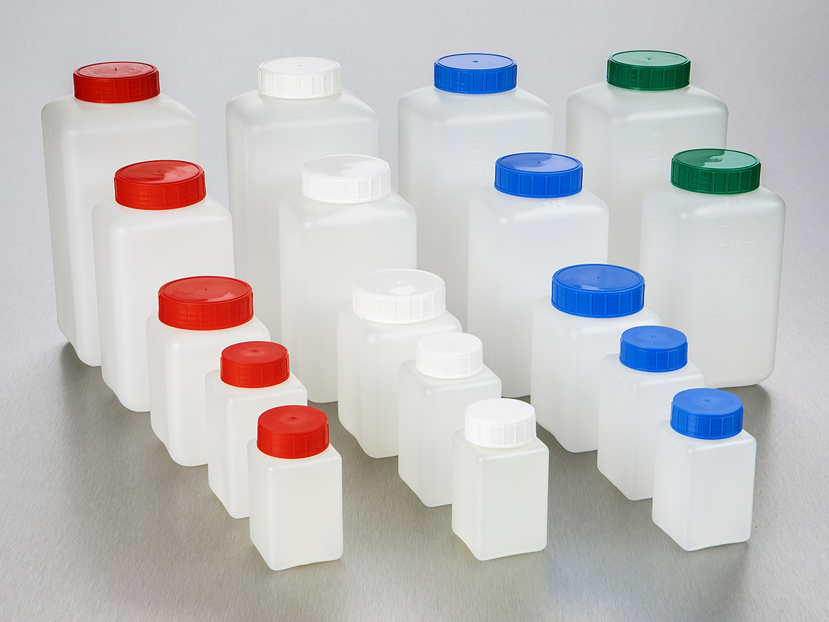 Square HDPE Bottle, 150 mL, 37 mm Red Cap with Wad, Assembled, Sterile, 300/Case