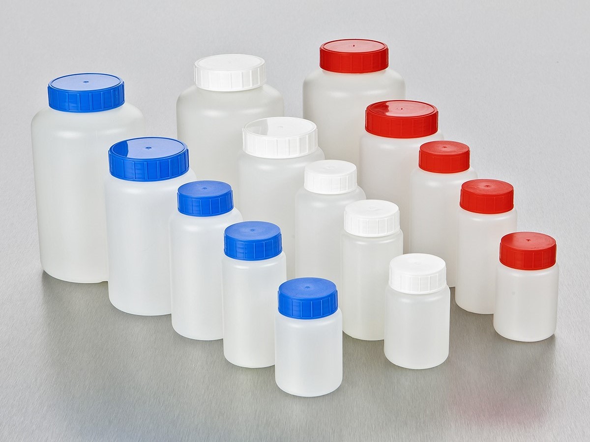 Round HDPE Bottle, 1 L, 58 mm Red Cap with Wad, Assembled, Sterile, 68/Case