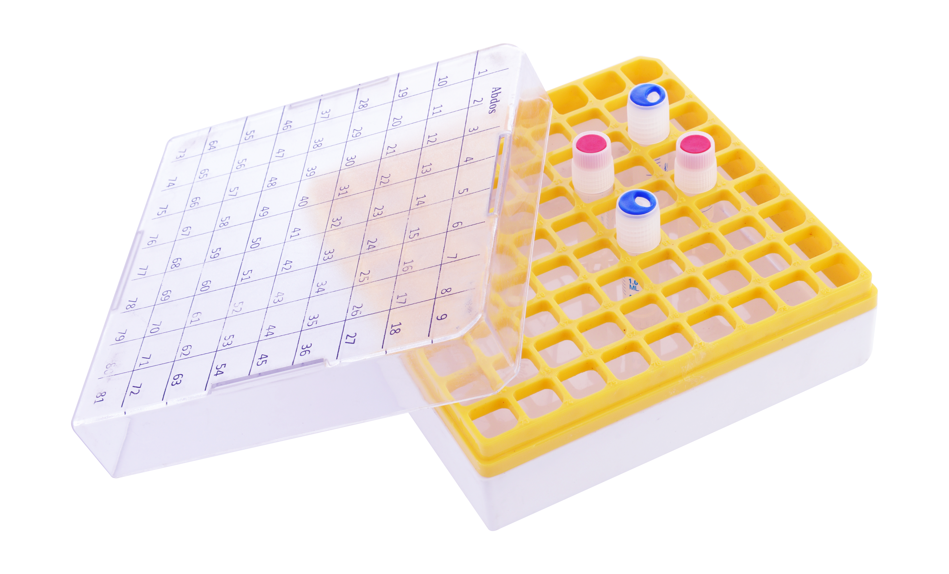 Abdos Cryo Box, Polycarbonate (PC) for 1 and 2 mL, 81 Places in a 9 x 9 Array, White, 4/CS