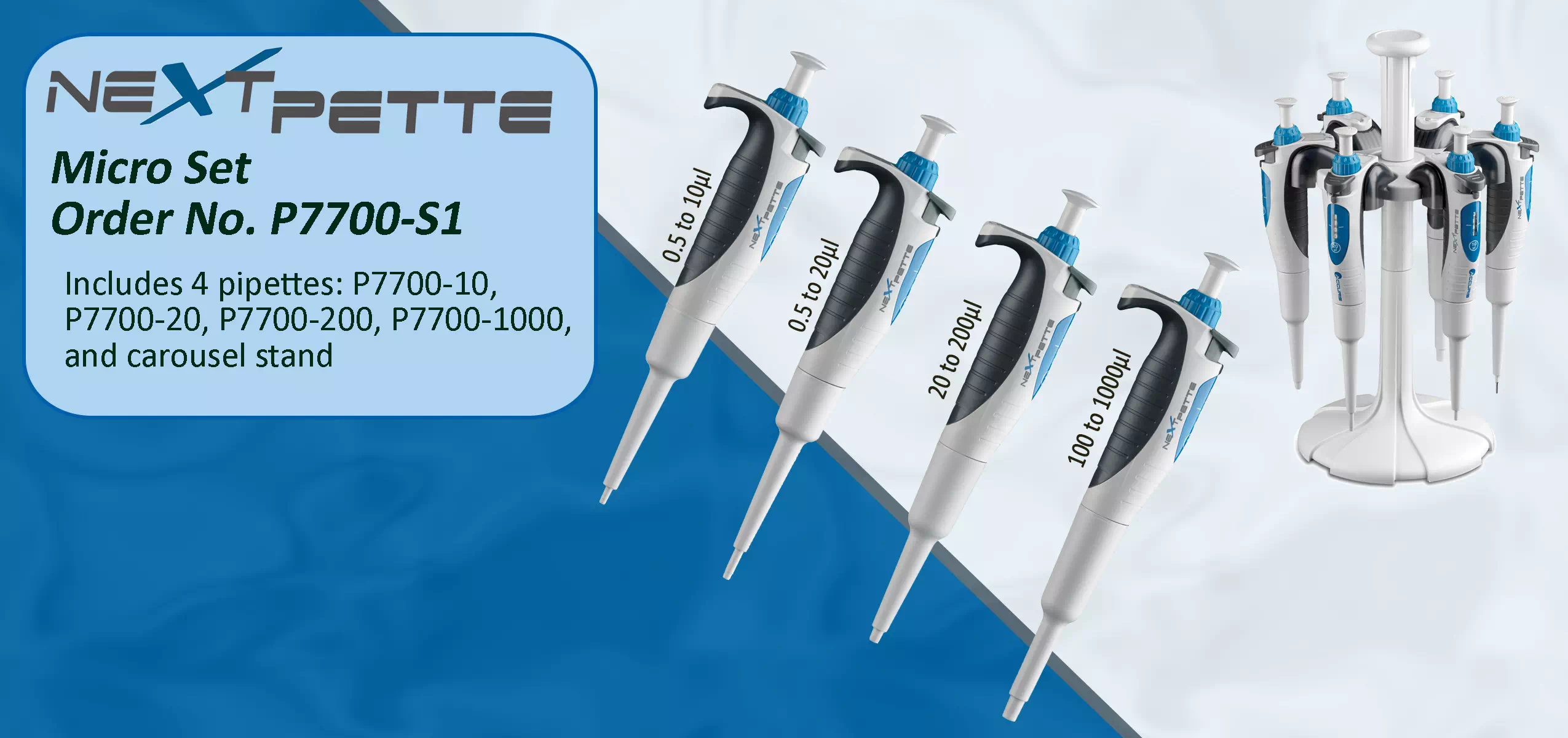 Next Pette Pipette Stand Starter Kits - includes 4 pipettes: P7700-200 P7700-1000 P7700-5M P7700-10M P7700-CAR