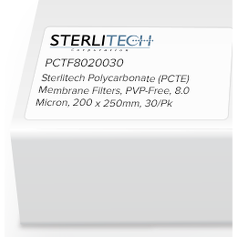Polycarbonate (PCTE) Membrane Filters, PVP-Free, 8.0 Micron, 200 x 250mm, 30/Pk