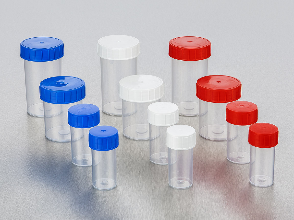 Straight Container, 60 mL, PP, Red Screw Cap, Assembled, Sterile, 70/Bag, 700/Case