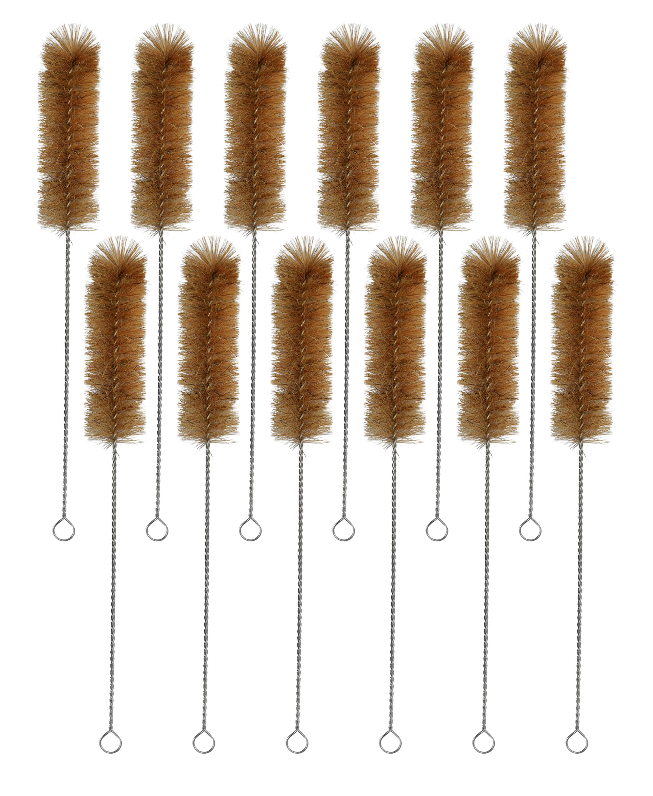 12PK Bristle Cleaning Brushes with Fan-Shaped Ends, 11.25" - Twisted Stainless Steel Wire Handle - Ideal for 1.2" - 1.4" Diameter Tubes, Bottles, Flasks, Cylinders, Jars, Vases, Cups