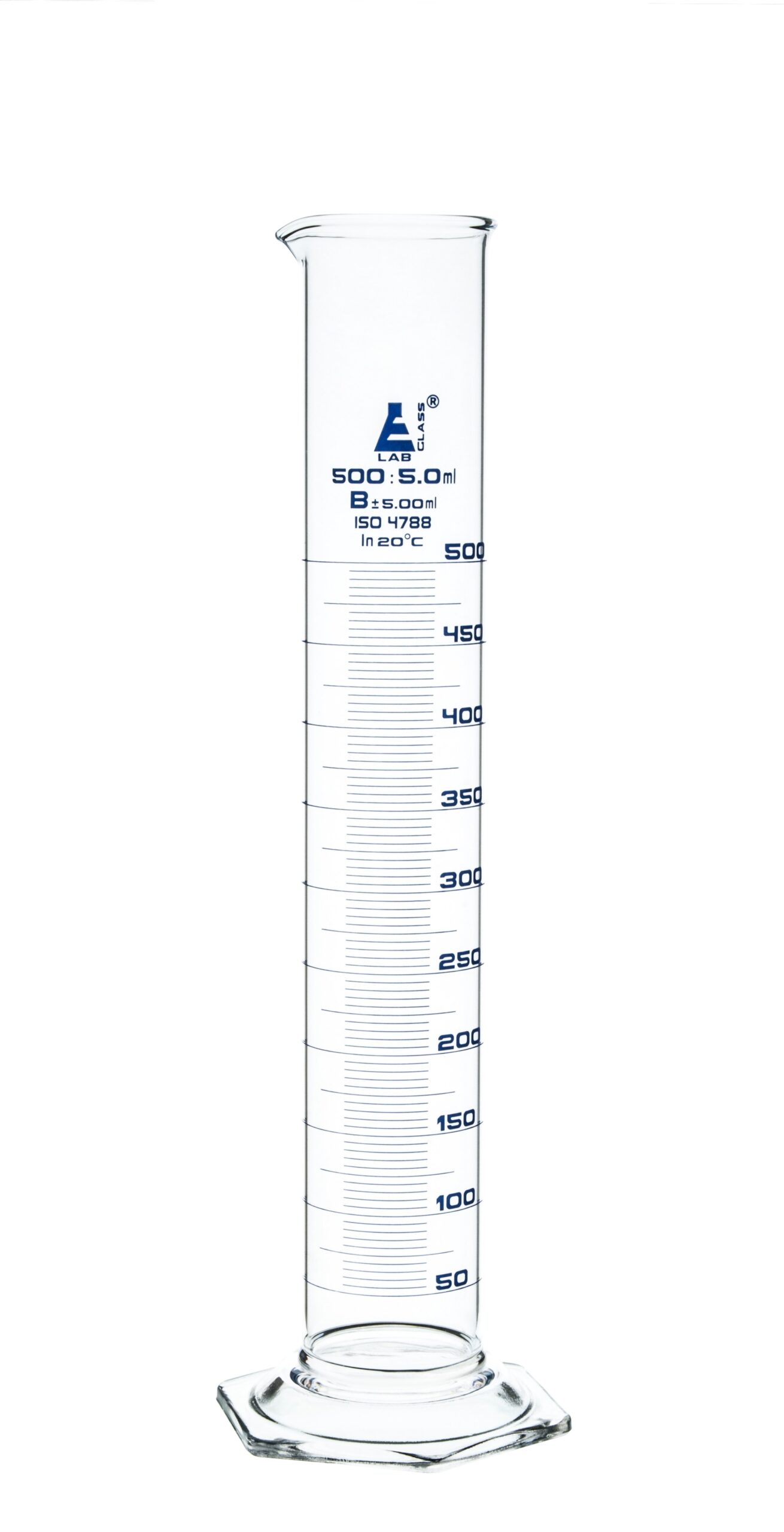 Graduated Cylinder, 500ml - Class B Tolerance ±5.00ml - Hexagonal Base - Blue Graduations - Borosilicate 3.3 Glass