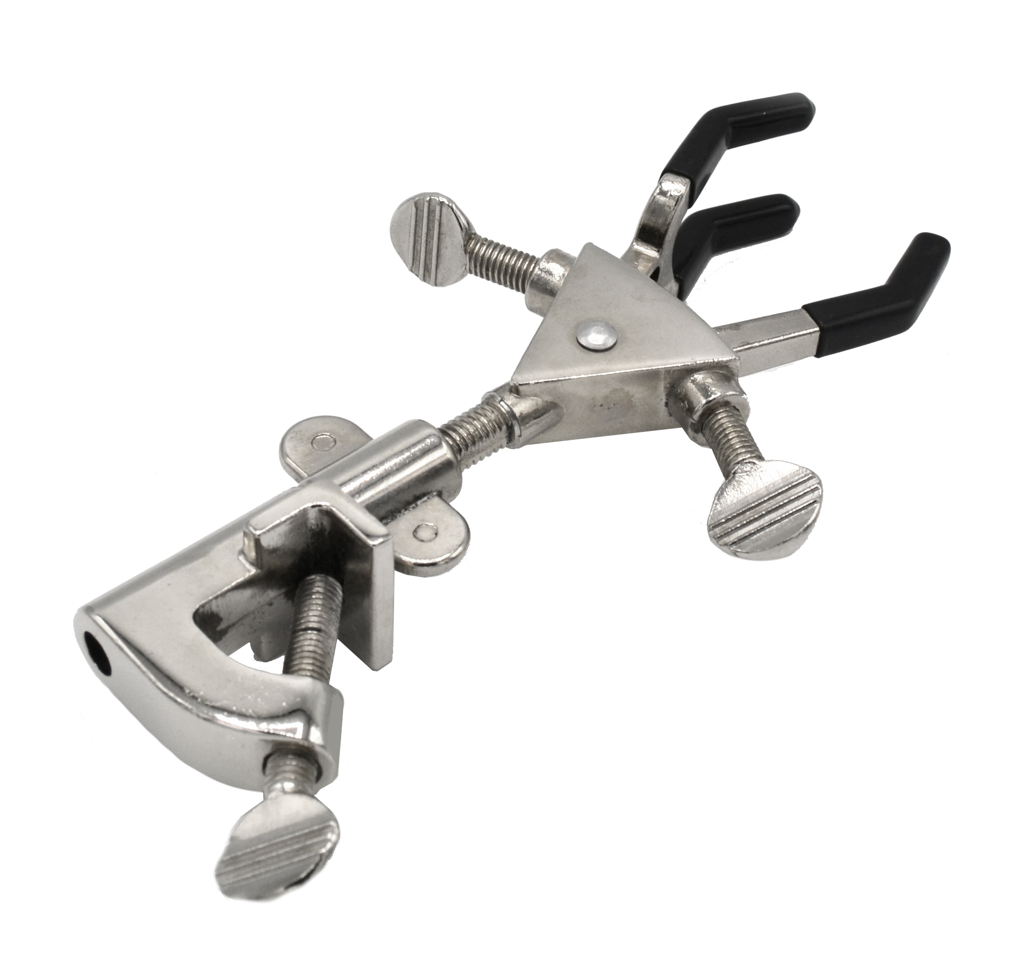 Universal Retort Clamp - 3 Prong, Double Adjustable - Non-Slip Vinyl Coated Grip, Holds Items up to 2.3" - Swivel Bosshead, Fits Large Rods up to 21mm