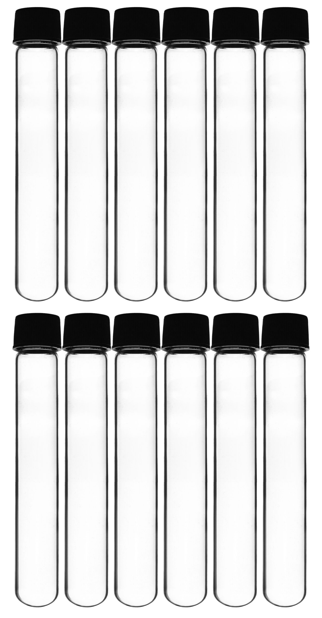 Test Tubes, 50ml - Bakelite Screw Cap with Rubber Liner - Borosilicate 3.3 Glass - 5.9" x 1" - Round Bottom - Leak Proof, 12PK