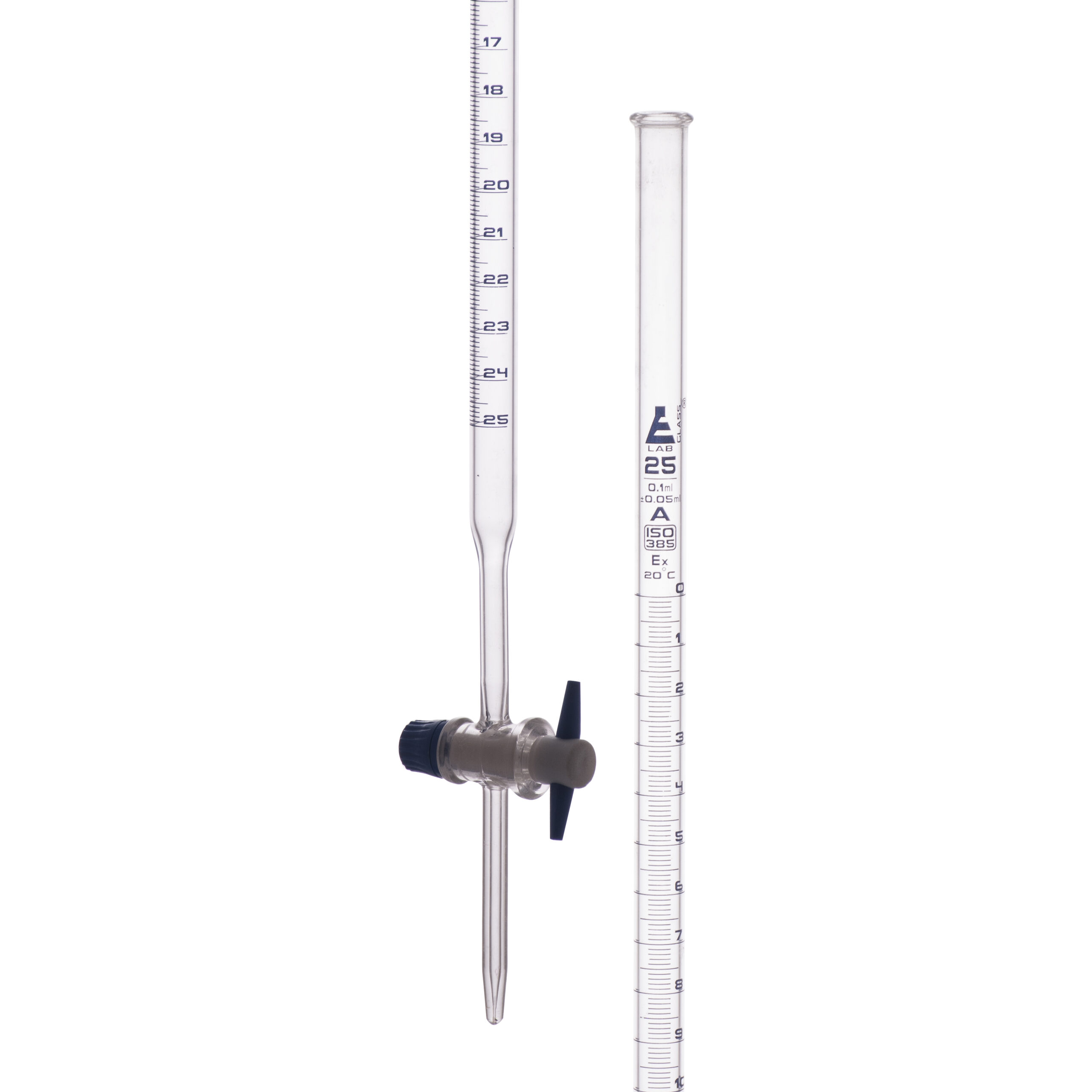 Borosilicate Burette, Straight Bore, PTFE Stopcock - 25mL cap., 0.1mL grad., 0.05mL tol. - Class A