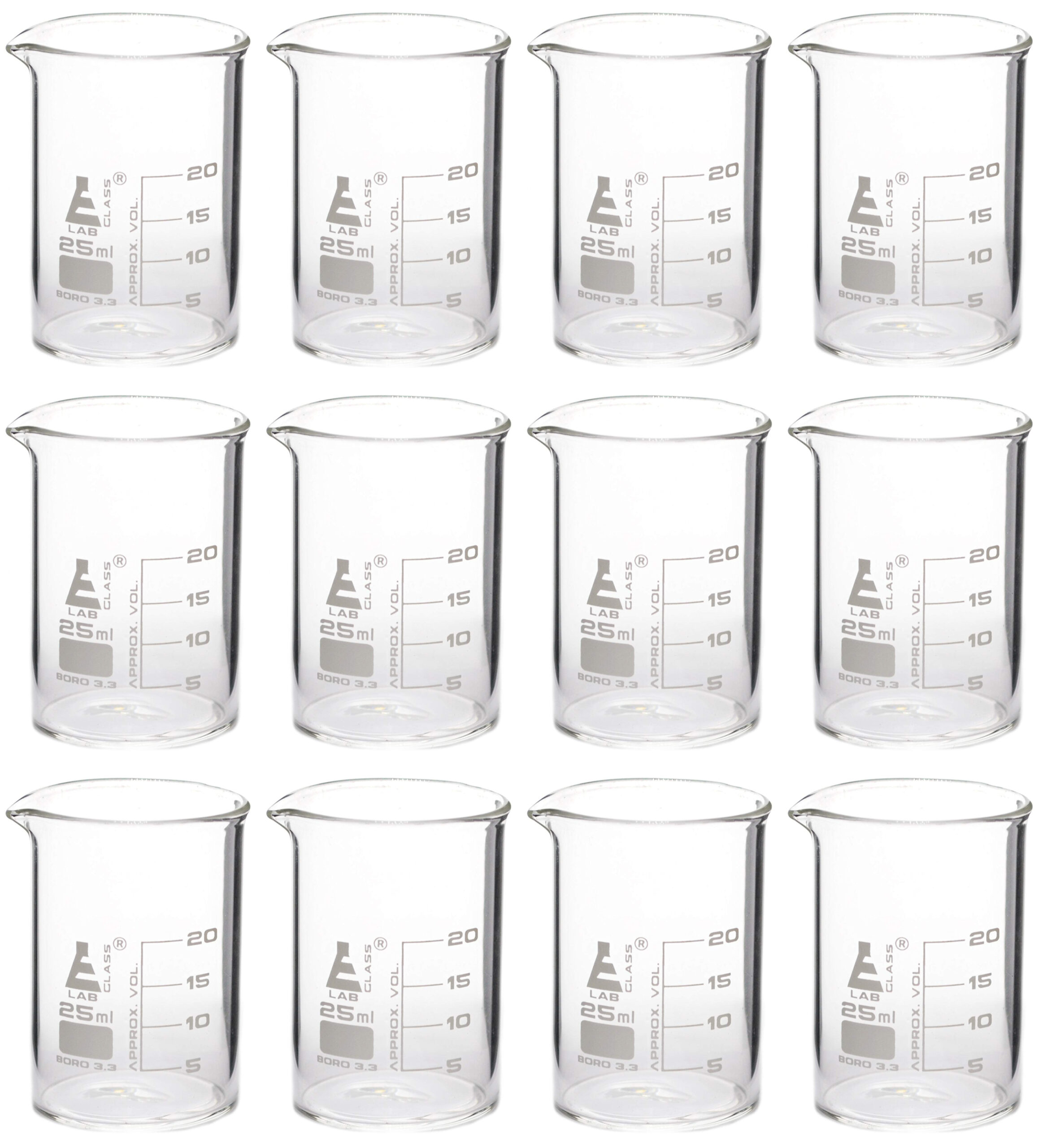 12PK Beakers, 25ml - Griffin Style, Low Form with Spout - White, 5ml Graduations - Borosilicate 3.3 Glass