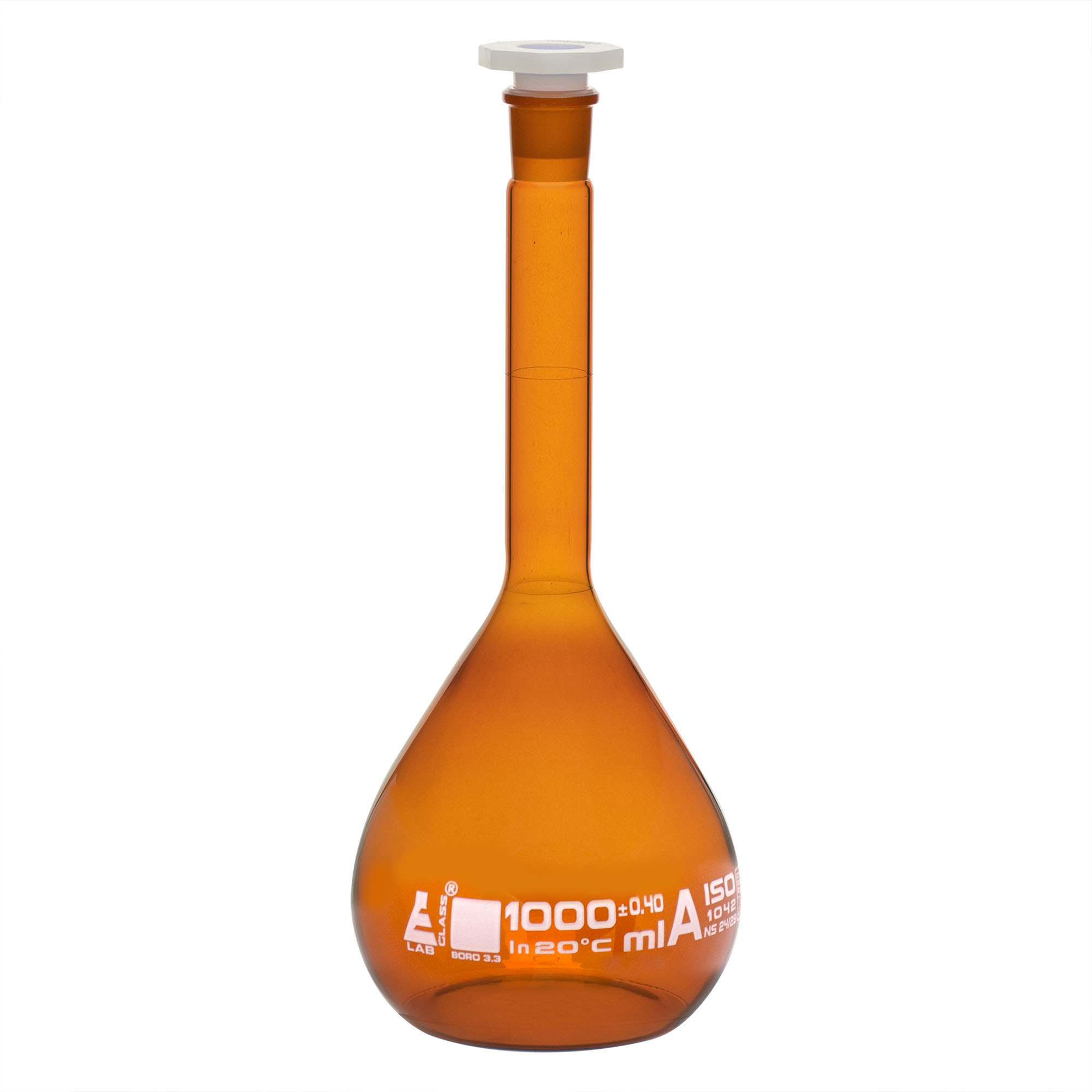 Volumetric Flask, 1000ml - Class A - 24/29 Polypropylene Stopper, Borosilicate Glass, Amber - White Graduation Mark, Tolerance ±0.400 ml